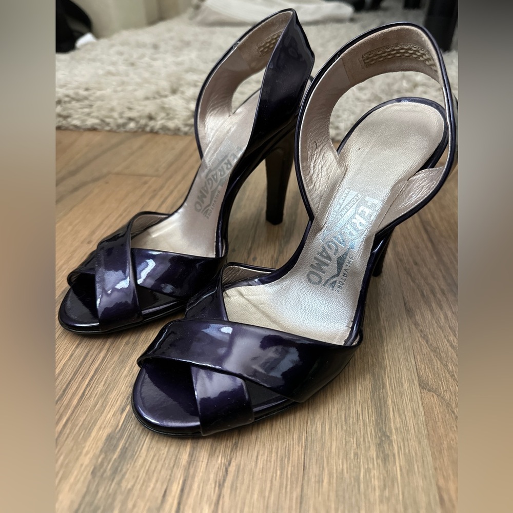 Salvatore Ferragamo Patent Dark Purple Slingback Sandal Heels